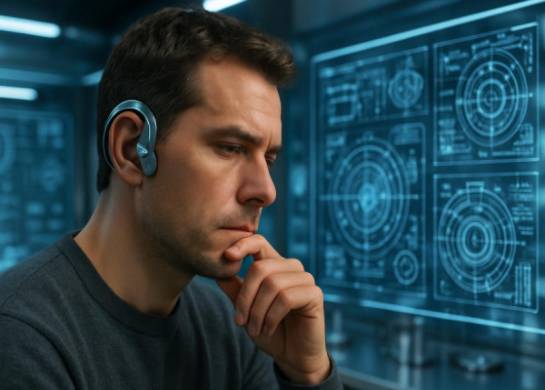 futuristic hearing device, thoughtful expression, analyzing, photorealistic, futuristic laboratory with holographic displays, highly detailed, surrounded by technical diagrams, stainless steel finish, cool LED lighting, shot with a 50mm lens