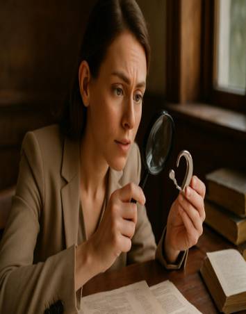 elegant hearing technology, curious expression, examining, photorealistic, rustic wooden desk with scattered papers and books, highly detailed, resting on a wooden table, deep mahogany color, natural sunlight through window, shot with a standard 35mm lens