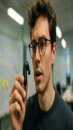 compact hearing gadget, inspired expression, testing, photorealistic, tech startup environment with whiteboards and post-it notes, highly detailed, gripped in a young entrepreneur's hand, matte black, fluorescent office lighting, shot with an 85mm lens