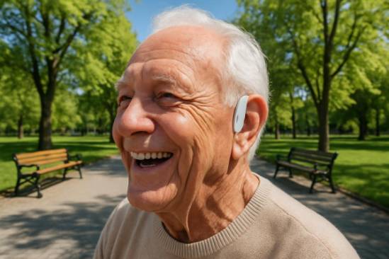 sleek hearing aid, content expression, wearing, photorealistic, bright park outdoor setting with benches and trees, highly detailed, seen in place on a laughing grandparent, glossy white, vibrant natural daylight, shot with a wide-angle 24mm lens