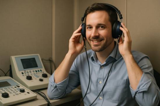 contemporary Vernon audiology, friendly expression, testing hearing with headphones, photorealistic, soundproof room with audiometers, highly detailed, wires and dials visible, subtle color palette, soft ambient light, shot with an 85mm lens.