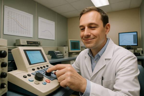 efficient audiology clinic, satisfied expression, calibrating audiology equipment, photorealistic, room filled with technical devices and charts, highly detailed, acoustically treated walls, pastel color scheme, overhead fluorescent lighting, shot with a macro lens.