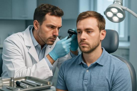 state-of-the-art Vernon clinic, focused expression, conducting a detailed ear examination, photorealistic, medical instruments on a tray, highly detailed, modern and spacious layout, cool tones, medical spotlights, shot with a telephoto lens.