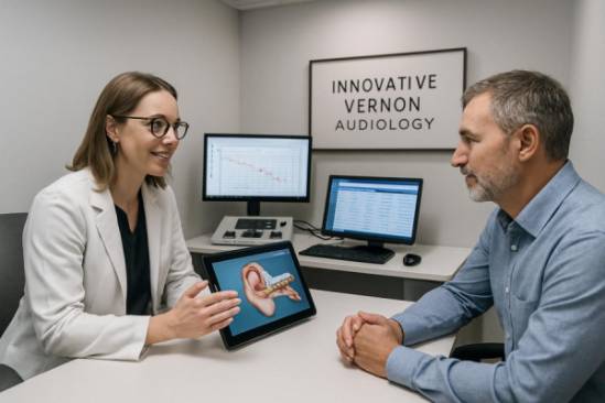 innovative Vernon audiology, patient-centered expression, discussing treatment plans, photorealistic, office with advanced computer systems, highly detailed, touchscreen monitors, calming grey and white decor, gentle LED lighting, shot with a wide-angle lens.