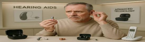 well-equipped Vernon hearing, concerned expression, demonstrating hearing aids, photorealistic, tech-filled counter with various device models, highly detailed, engaging brand displays, neutral color scheme, minimalistic indirect lighting, shot with a prime lens.