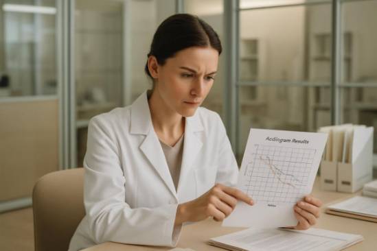 spacious hearing clinic, focused expression, analyzing audiogram results, photorealistic, clinical environment with glass partitions, highly detailed, neatly organized files and paperwork, soothing beige hues, soft backlighting, shot with a zoom lens.