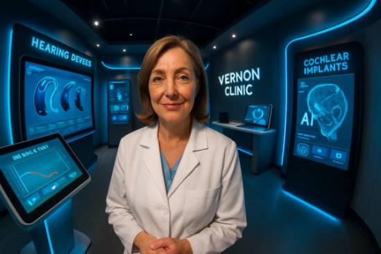 advanced Vernon clinic, caring expression, showcasing latest audiology advancements, photorealistic, exhibition area with interactive screens, highly detailed, futuristic design, vibrant tech colors, spotlight illumination, shot with a fisheye lens.