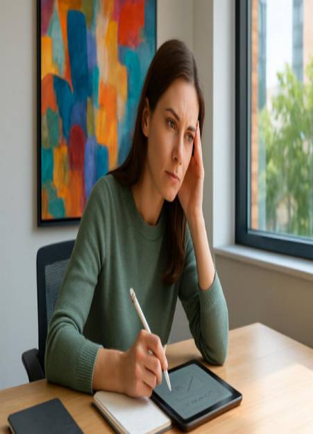 contemplative misophonia management, focused on progress, recording notes, photorealistic, modern office with abstract art, highly detailed, digital tablet in hand, natural daylight, vibrant colors, mid-morning light, shot with a Nikon D850.