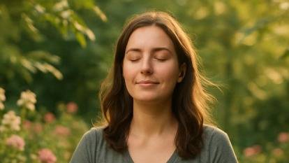 relaxed misophonia relief, peaceful expression, meditating, photorealistic, tranquil garden setting with blooming flowers, highly detailed, gentle breeze moving leaves, soft green hues, golden hour lighting, shot with a Sony A7 III.