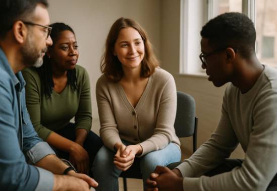 hopeful misophonia support, supportive smile, consulting, photorealistic, group therapy circle with friendly atmosphere, highly detailed, inclusive group dynamics, diverse skin tones, subtle window light, shot with a Fujifilm X-T4.