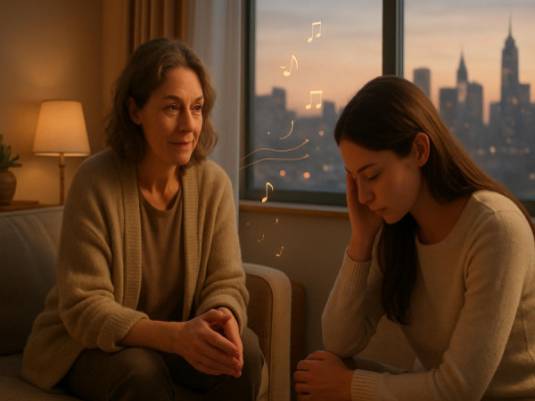gentle misophonia therapy, empathetic gaze, guiding, photorealistic, cozy room with a view of the city skyline, highly detailed, soft music notes floating, warm pastels, indirect evening light, shot with a Leica Q2.