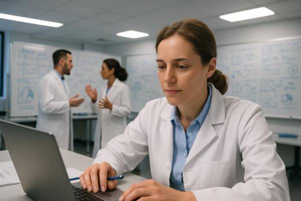 focused misophonia management, resolved expression, analyzing data, photorealistic, well-lit lab with whiteboards filled with diagrams, highly detailed, animated discussions, crisp whites, overhead LED lighting, shot with a Canon EOS R5.