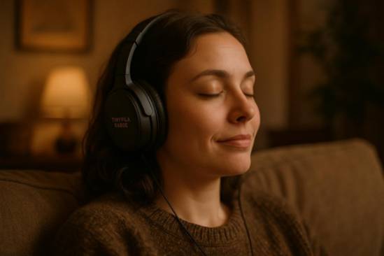 tinnitus relief headphones, relaxed expression, actively wearing, photorealistic, cozy living room with warm textures, highly detailed, gentle noise cancellation effect, close-up, earthy tones, ambient lighting, shot with a 35mm lens.