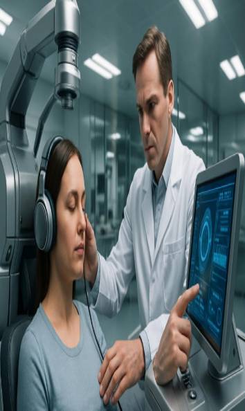 advanced tinnitus treatment equipment, focused expression, used in procedure, photorealistic, high-tech medical facility, highly detailed, digital interface interaction, wide-angle shot, sleek silver, clinical lighting, shot with a 24mm lens.