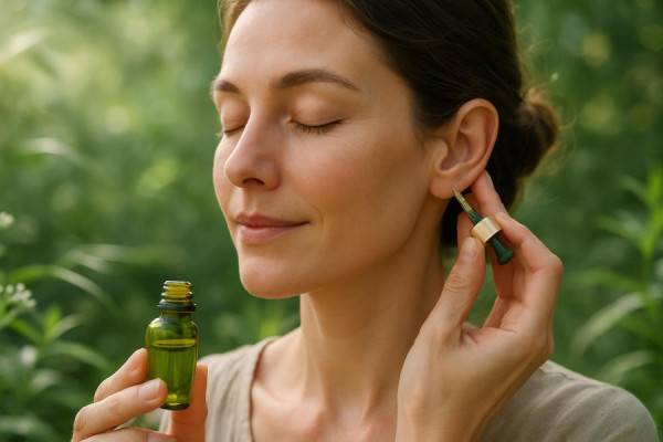 natural tinnitus remedy, serene expression, applying herbal oil, photorealistic, tranquil garden setting with soft breeze, highly detailed, gentle aroma depicted, macro shot, herbal green, soft sunlight, shot with a 80mm lens.