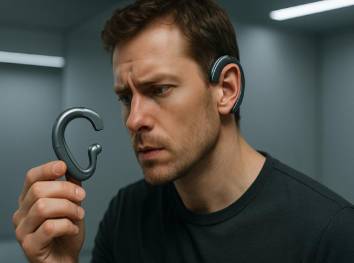 wearable tinnitus cure tech, curious expression, examining the device, photorealistic, minimalist tech showroom, highly detailed, futuristic innovation theme, macro shot, metallic gray, spotlight lighting, shot with a 85mm lens.