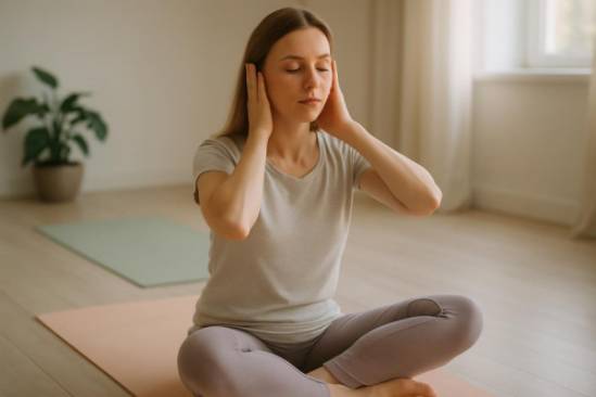 holistic tinnitus treatment approach, content expression, integrating meditation, photorealistic, peaceful studio with soft mats, highly detailed, gentle movements captured, medium shot, soothing pastel, soft day lighting, shot with a 50mm lens.