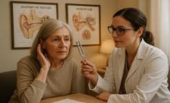 professional audiology consultation, attentive, using a tuning fork, photorealistic, cozy consultation room with ear anatomy charts, highly detailed, soft conversations, 85mm lens, warm lighting, neutral tones
