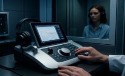 innovative audiology equipment, sleek design, demonstrating use, photorealistic, tech-savvy laboratory with soundproof booths, highly detailed, moving parts and display screens, 35mm lens, cool lighting, stainless steel accents