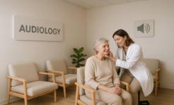 welcoming audiology clinic, inviting, assisting a patient, photorealistic, minimalist interior with comfortable seating, highly detailed, ambient noise playing, 24mm lens, diffused lighting, pastel colors