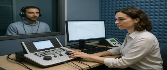 comprehensive audiology assessment, thorough, calibrating devices, photorealistic, dedicated sound testing room with advanced devices, highly detailed, real-time data shown, 50mm lens, soft focus lighting, blue-gray hues