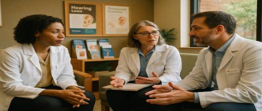 expert audiology specialists, knowledgeable, discussing treatment options, photorealistic, vibrant waiting area with informational brochures, highly detailed, engaging conversations, 35mm lens, day lighting, earthy tones