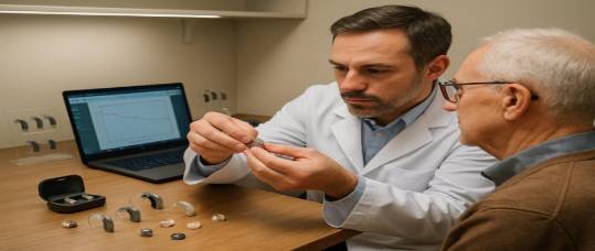 efficient audiology consultation, precise, adjusting hearing aids, photorealistic, organized workspace with various hearing aid models, highly detailed, dynamic adjustments, 50mm lens, overhead lighting, wooden surfaces