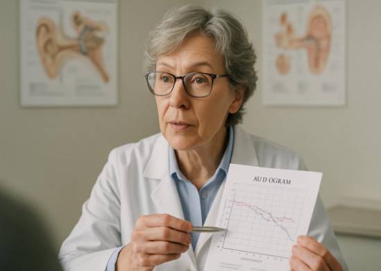 experienced hearing specialist, attentive, explaining audiogram results, photorealistic, clinical office with charts on the wall, highly detailed, light glint off glasses, 8k resolution, subtle pastel colors, diffused lighting, shot with a 85mm portrait lens.
