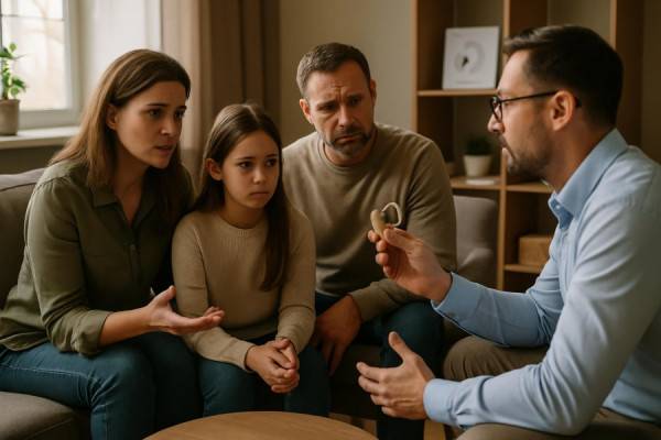 concerned family, discussing, at hearing consultation, photorealistic, cozy consultation room with soft furniture, highly detailed, dynamic interaction between figures, 12k resolution, muted earth tones, natural window lighting, shot with a 35mm wide-angle lens.