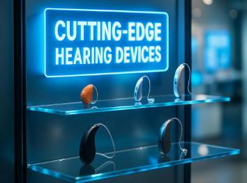 cutting-edge hearing devices, showcased, displayed on glass shelves, photorealistic, contemporary store with bright advertising, highly detailed, reflections on glass surfaces, HDR quality, vibrant blue highlights, focused spotlighting, shot with a 70-200mm telephoto lens.
