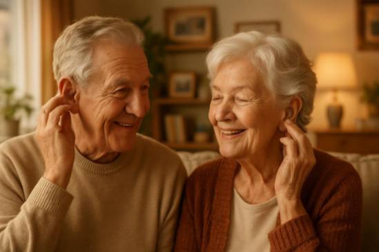 elderly couple, content, trying out hearing aids, photorealistic, well-lit living room with personal decor, highly detailed, subtle expressions of joy, 6k resolution, warm autumn colors, golden-hour lighting, shot with a 50mm standard lens.