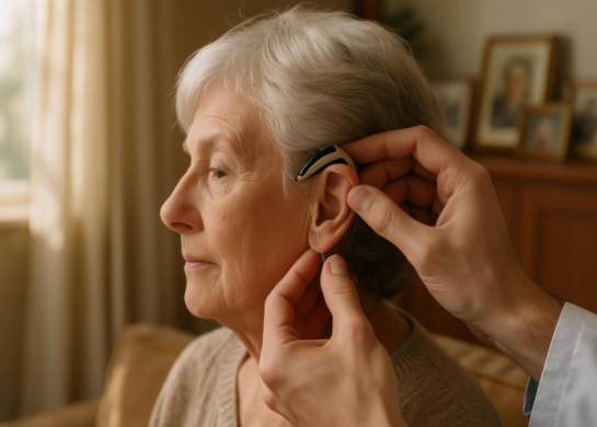 innovative hearing aid, sleek design, being adjusted by a professional, photorealistic, cozy living room with family photos, highly detailed, light breeze flowing through curtains, 85mm lens, natural colors, warm sunlight