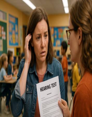 concerned parent, worried expression, discussing a child’s hearing test, photorealistic, educational classroom setting, highly detailed, children interacting in the background, 35mm lens, vivid colors, overhead fluorescent lighting