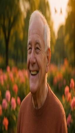 smiling patient, relieved expression, wearing new hearing aid, photorealistic, park with blooming flowers, highly detailed, birds flying in the distance, 70-200mm lens, vibrant colors, golden hour lighting