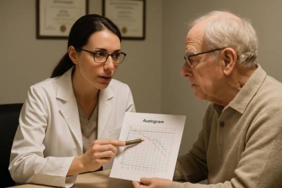 dedicated audiologist, focused expression, explaining test results to a senior patient, photorealistic, private consultation room with diplomas on walls, highly detailed, gentle conversation scene, 55mm lens, neutral colors, soft spotlight