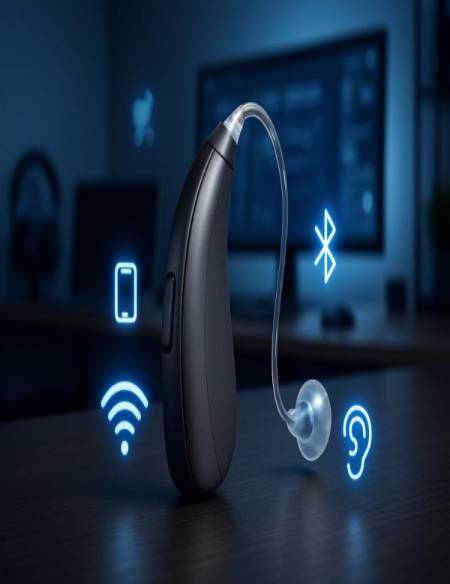 modern hearing device, confident, illustrating wireless connectivity, photorealistic, in a tech-filled home office, highly detailed, subtle tech icons floating around, rendered with high resolution, deep blue, overhead lighting, shot with a 35mm lens.