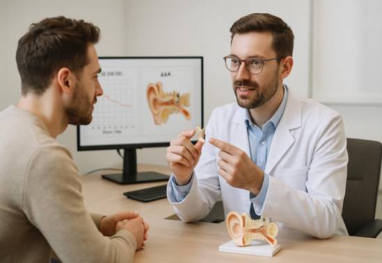 professional hearing consultation, informative, demonstrating use, photorealistic, stylish clinic with minimalistic design, highly detailed, patient engaged with diagrams and displays, fine focus on expressions, neutral tones, bright office lighting, shot with an 85mm lens.