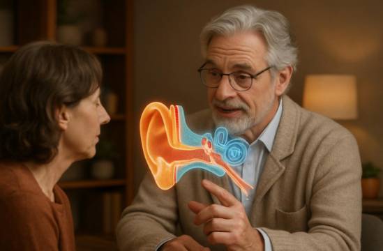 experienced hearing specialist, empathetic, explaining process, photorealistic, cozy consultation room with warm decor, highly detailed, interactive 3D auditory projection, sharp resolution, earth tones, diffused lighting, shot with a 105mm lens.