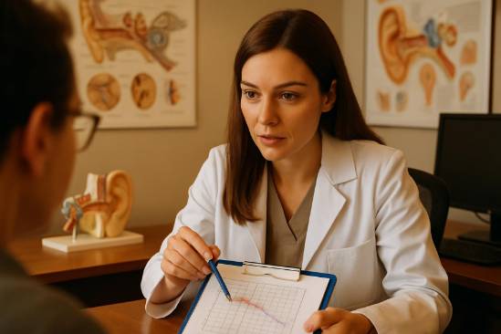 audiology specialist, focused expression, explaining test results, photorealistic, comfortable office with medical charts and models, highly detailed, engaging with patient, warm hues, overhead lighting, shot with a 50mm lens