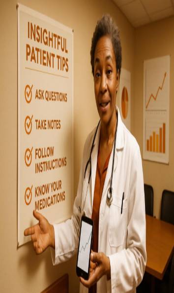 insightful patient tips, reassuring, pointing to a chart, photorealistic, conference room with charts on the wall, highly detailed, interactive elements, smartphone, warm orange, direct lighting, shot with a 24mm lens.