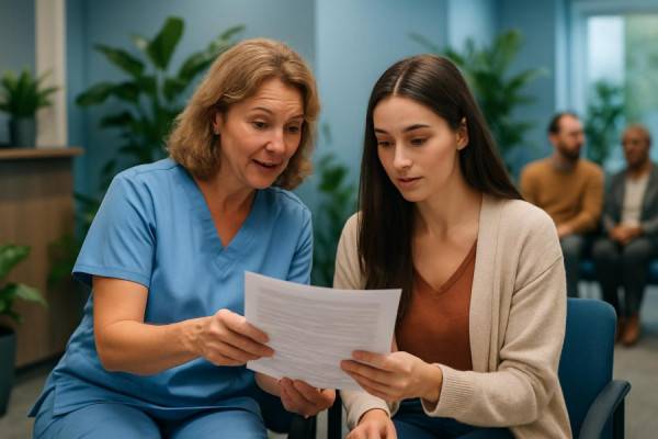 helpful patient onboarding, engaging, showing documents, photorealistic, reception area with potted plants, highly detailed, patients waiting, SLR camera, calming blue, ambient lighting, shot with a 85mm lens.