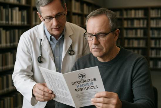 informative patient resources, focused, reading a brochure, photorealistic, library-like setting with rows of books, highly detailed, staff assisting, high megapixel camera, neutral greys, side lighting, shot with a 70mm lens.