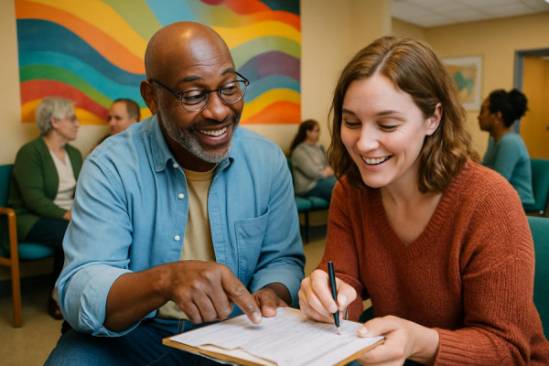 friendly patient guide, encouraging, guiding through paperwork, photorealistic, waiting room with vibrant artwork, highly detailed, people chatting, point-and-shoot, colorful spectrum, soft diffuse lighting, shot with a 28mm lens.