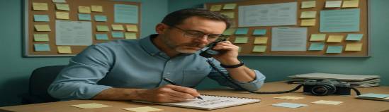 organized patient journey, methodical, noting key points, photorealistic, office with sticky notes and bulletin boards, highly detailed, occasional phone calls, film camera, muted teal, cool lighting, shot with a 50mm lens.